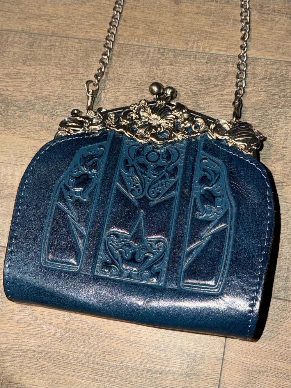 Patricia Nash Deep Teal Embossed Leather Frame Clutch with Chain